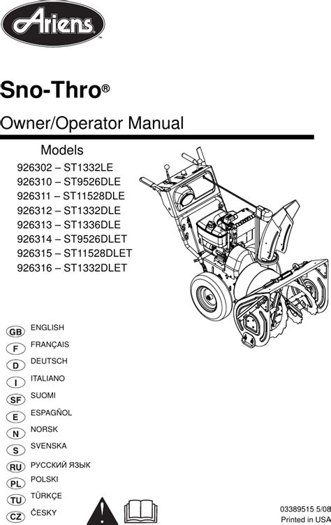 Ariens classic 24 manual - Parts Manual Models 932104 - 8524 932502 - 8524 ... Use only Ariens replacement parts. The replacement of any part on this vehicle with anything other than an Ariens authorized replacement part may adversely affect ... 8.5 H.P. 24" Sno-Thro Serial No. 000101 and up Global Model 932502 (8524)